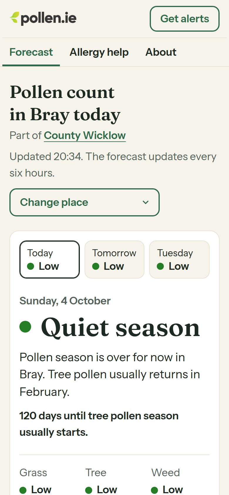 pollen.ie on a phone: the forecast for Bray, with today's level and the next two days