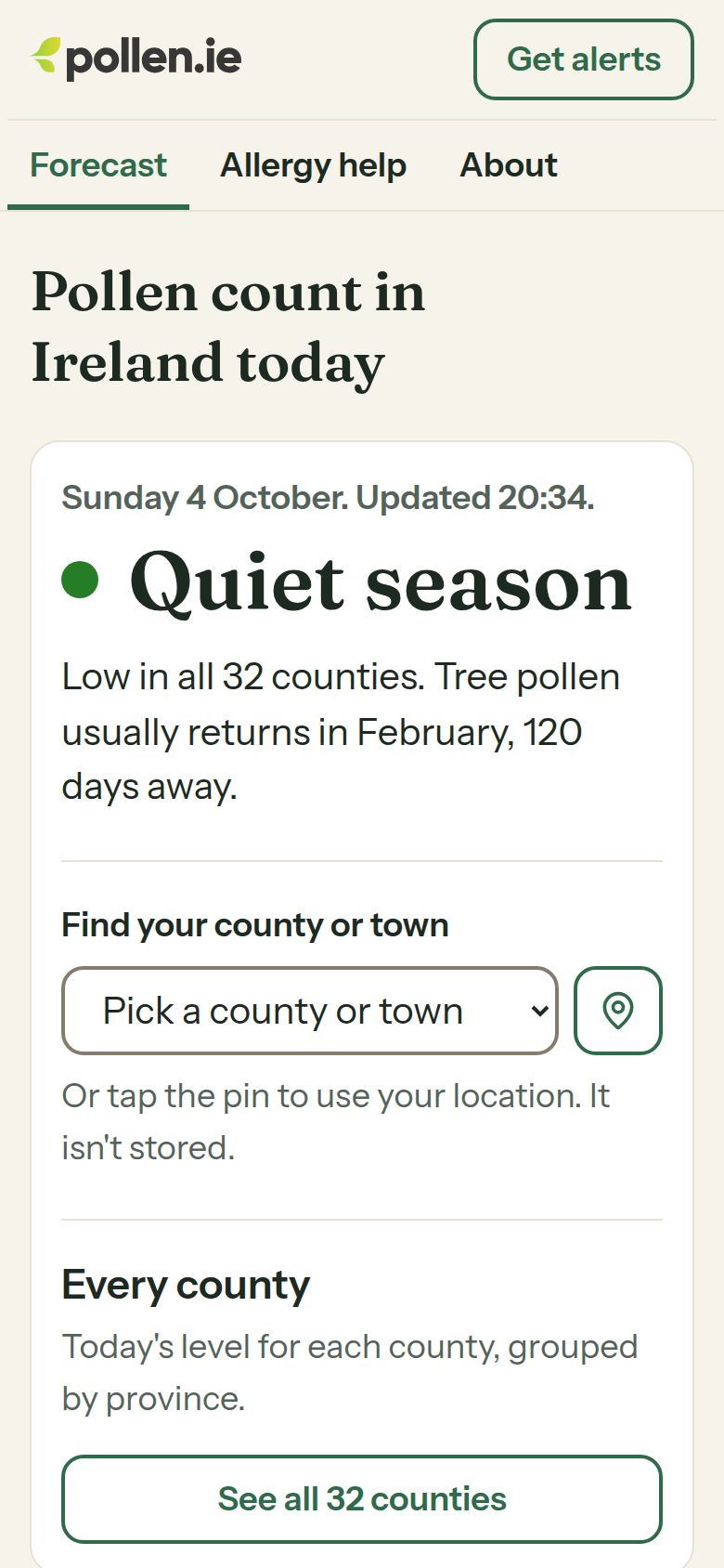 pollen.ie on a phone: today's pollen level across Ireland and the counties where it is highest